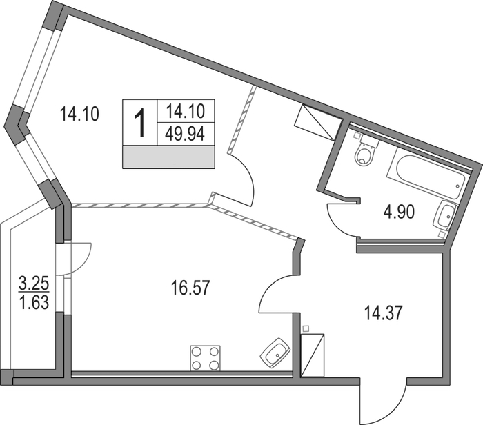 1-комнатная квартира 49.94 м², 2/16 эт., ЖК «Приморский квартал»